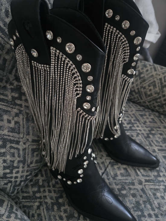 Dolls Kill Shoes - Black Rhinestone Fringe Western Knee-High Boots